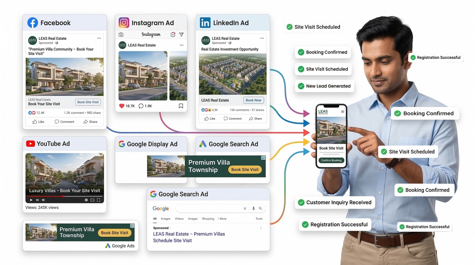 Multi-platform ads — Facebook, Instagram, LinkedIn, YouTube & Google — driving qualified real estate leads to bookings